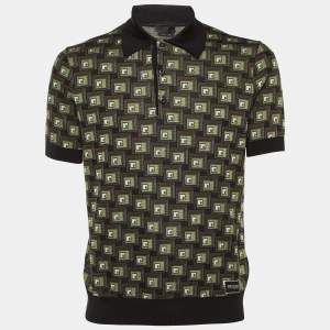 Pre Owned Prada Black/Brown Geometric Pattern Silk & Cotton Polo T-Shirt M