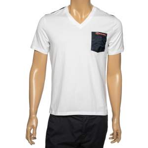 Prada White Stretch Cotton Pocket Detail V-Neck T-Shirt M