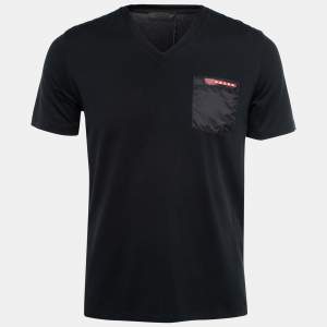 Prada Black Cotton Rubber Logo Nylon Pocket V-Neck T-Shirt M