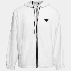 Prada White Terry Cloth Enameled Metal Logo Hoodie Jacket L