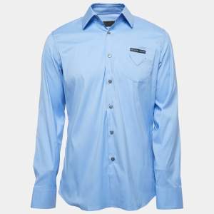 Prada Blue Cotton Logo Pocket Detail Button Front Shirt L