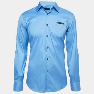 Prada Blue Logo Applique Stretch Cotton Full Sleeve Shirt M