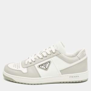 مملوكة مسبقًا حذاء رياضي برادا داون تاون منخفظ من أعلى جلد أبيض/رمادي مقاس 41.5