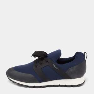 Prada Navy Blue/Black Nylon And Leather Lace-Up Low Top Sneakers Size 43.5