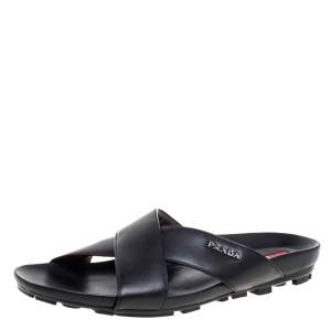 Pre Owned Prada Sport Black Leather Cross Strap Flat Sandals Size 42