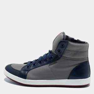 Pre Owned Prada Sport Grey/Navy Blue Canvas and Leather High Top Sneakers Size 44