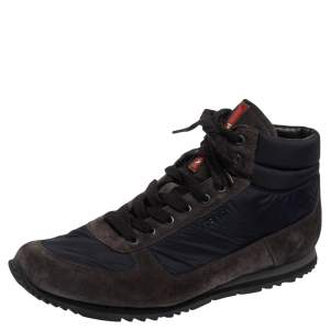 مملوكة مسبقًا حذاء رياضي برادا سبورت سويدي ونايلون أزرق/رصاصي بعنق مرتفع مقاس 45