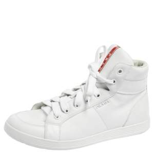 مملوكة مسبقًا حذاء رياضي برادا سبورد جلد أبيض عنق مرتفع مقاس 44