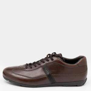 Pre Owned Prada Sport Brown Leather Logo Stripe Low Top Sneakers Size 43.5