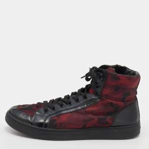 Pre Owned Prada Sport Black/Red Leather And Camo Print Nylon High Top Sneakers Size 42.5