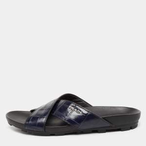 مملوكة مسبقًا Prada Sport Navy Blue Croc Embossed Leather Flat Slide Sandals Size 39.5