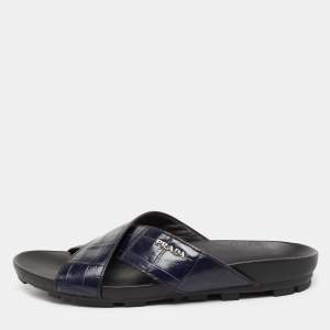 Prada Sport Navy Blue Croc Embossed Leather Flat Slide Sandals Size 39.5