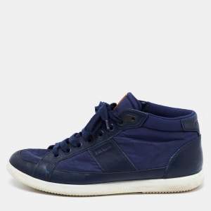 Prada Sport Navy Blue Nylon And Leather Mid Top Sneakers Size 43.5