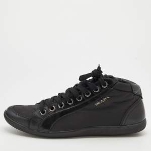 Prada Sport Black Nylon And Leather Lace Up Low Top Sneakers Size 40.5