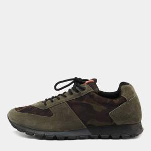 Pre Owned Prada Sport Army Green Suede and Camo Print Nylon Low Top Sneakers Size 40