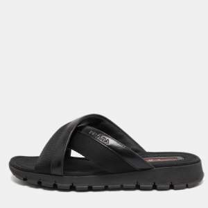 Prada Sport Black Leather and Canvas Crisscross Slides Size 41.5 