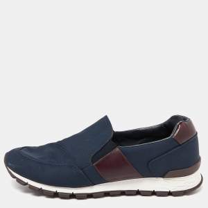 Pre Owned Prada Sport Navy Blue/Brown Nylon and Leather Slip On Sneakers Size 44