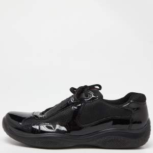 Prada Sport Black Mesh and Patent Leather Lace Up Low Top Sneakers Size 42