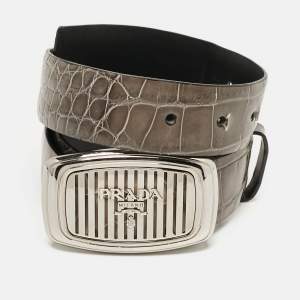 Prada Grey Crocodile Logo Plague Oval Belt  
