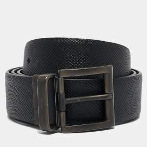 Prada Black/Navy Blue Saffiano Leather Reversible Buckle Belt 100CM