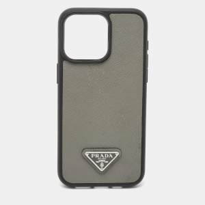 Prada Grey Saffiano Triangle Leather Iphone 15 Pro Max Case