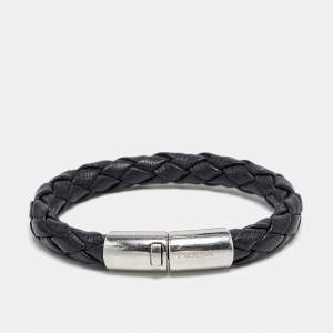 Prada Braided Leather Silver Tone Bracelet