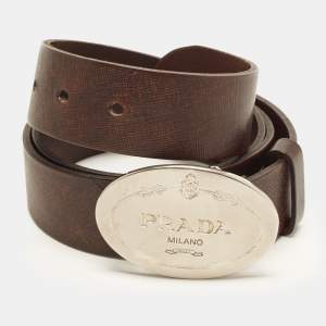 مملوكة مسبقًا Prada Oval Plaque 95 CM Buckle Belt Brown Saffiano Leather