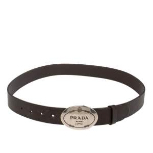 Prada Brown Leather Engraved Oval Plaque Buckle Belt 90CM