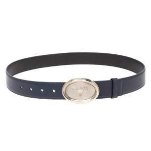 Prada Navy Blue Saffiano Leather Oval Plaque Buckle Belt 90CM