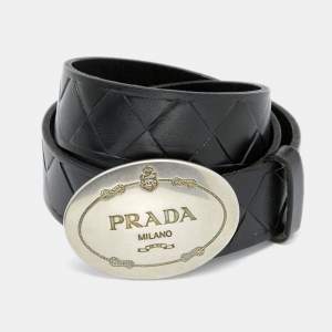 Prada Black Woven Pattern Embossed Leather Vintage Logo Plaque Belt 95CM