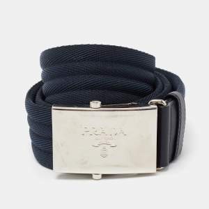 Prada Navy Blue Canvas and Leather Logo Plague Buckle Belt 95 CM