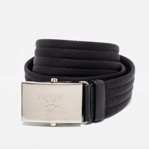 Prada Black Nylon and Leather Logo Plague Buckle Belt 95 CM