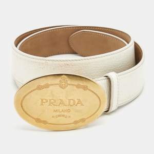 Prada White Leather Engraved Oval Plaque Buckle Belt 90CM