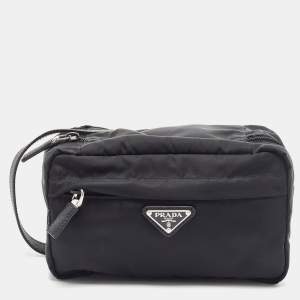 Prada Black Saffiano Leather and Nylon Logo Travel Pouch