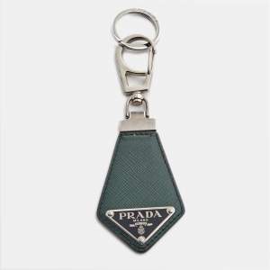 Prada Dark Green Saffiano Leather Logo Key Ring
