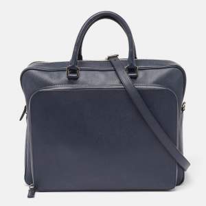 Prada Navy Blue Saffiano Leather Two Way Travel Briefcase