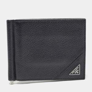 Prada Black Leather Money Clip Bifold Wallet