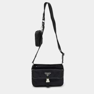 Prada Black Re-Nylon and Saffiano Leather Messenger Bag