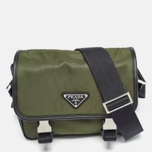 Prada Green/Black Nylon and Leather Buckle Flap Messenger Bag