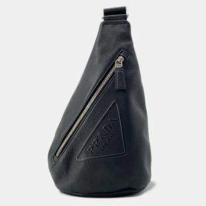 Prada Black Vittero Dino Leather Triangle Logo Cloth Crossbody Bag