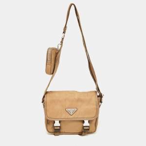 Prada Olive Green Leather and Nylon Flap Messenger Bag
