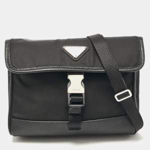 Prada Black Re-Nylon and Leather Flap Crossbody Bag