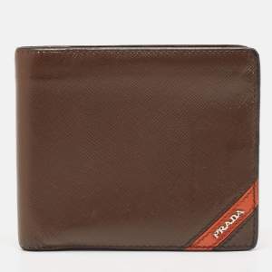 Prada Dark Brown/Orange Saffiano Metal Leather Bi Fold Wallet