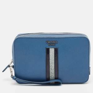Prada Blue Saffiano Travel Leather and Alligator Clutch