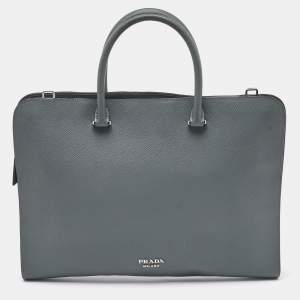 Prada Grey Saffiano Leather Slim Briefcase