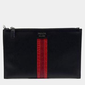 Prada Black Red Leather Saffiano Clutch Bag