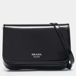 Prada Black Brushed Leather Flap Crossbody Bag