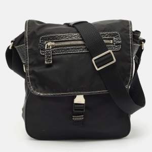 Prada Black Leather and Nylon Pocket Flap Messenger Bag