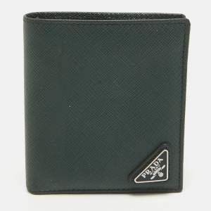 Prada Dark Green Saffiano Metal Leather Logo Bifold Wallet