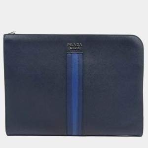 Prada Navy Blue Leather Saffiano Travel Clutch